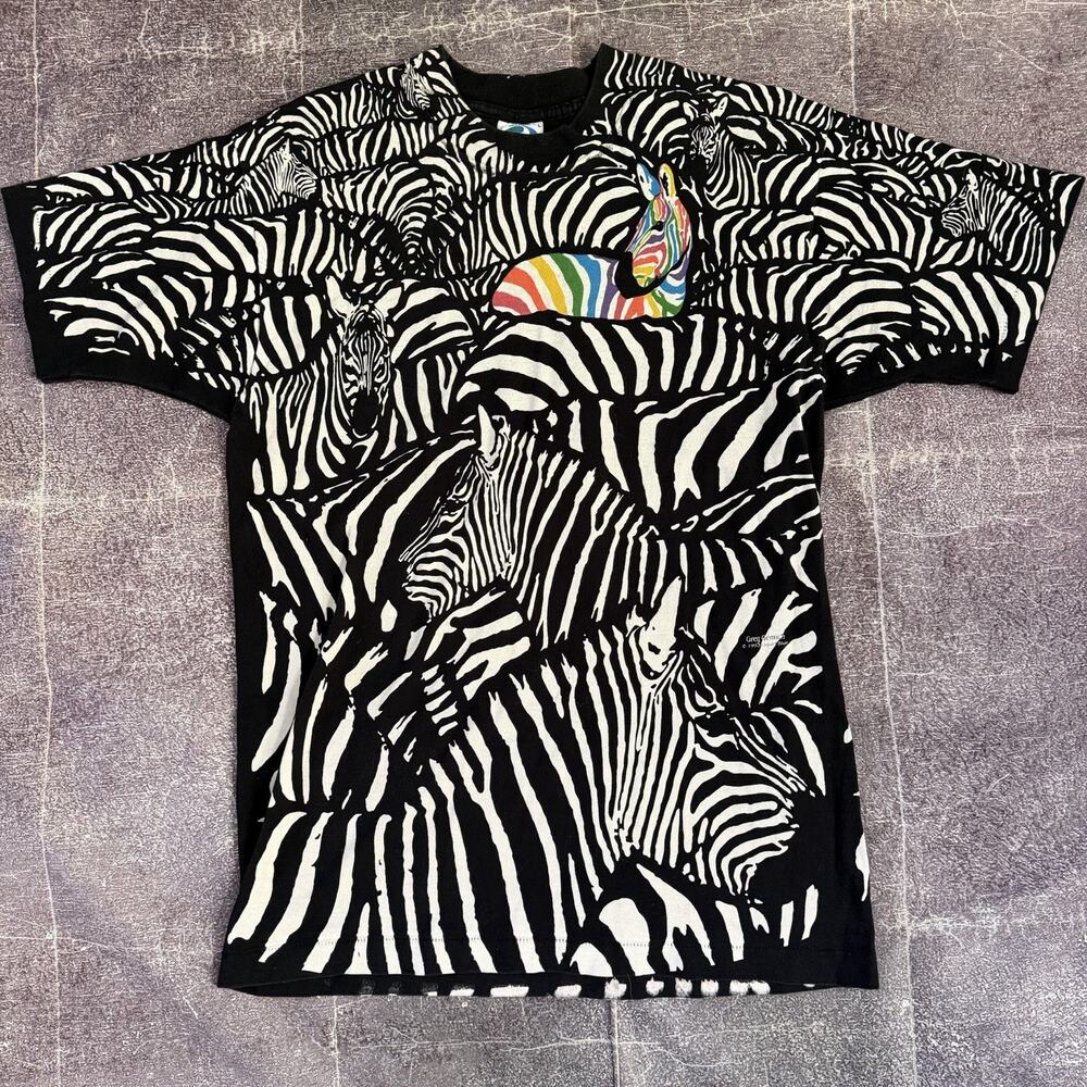 Men's Vintage Liquid Blue Greg Genrich Rainbow Zebra All Over Print T Shirt Sz L